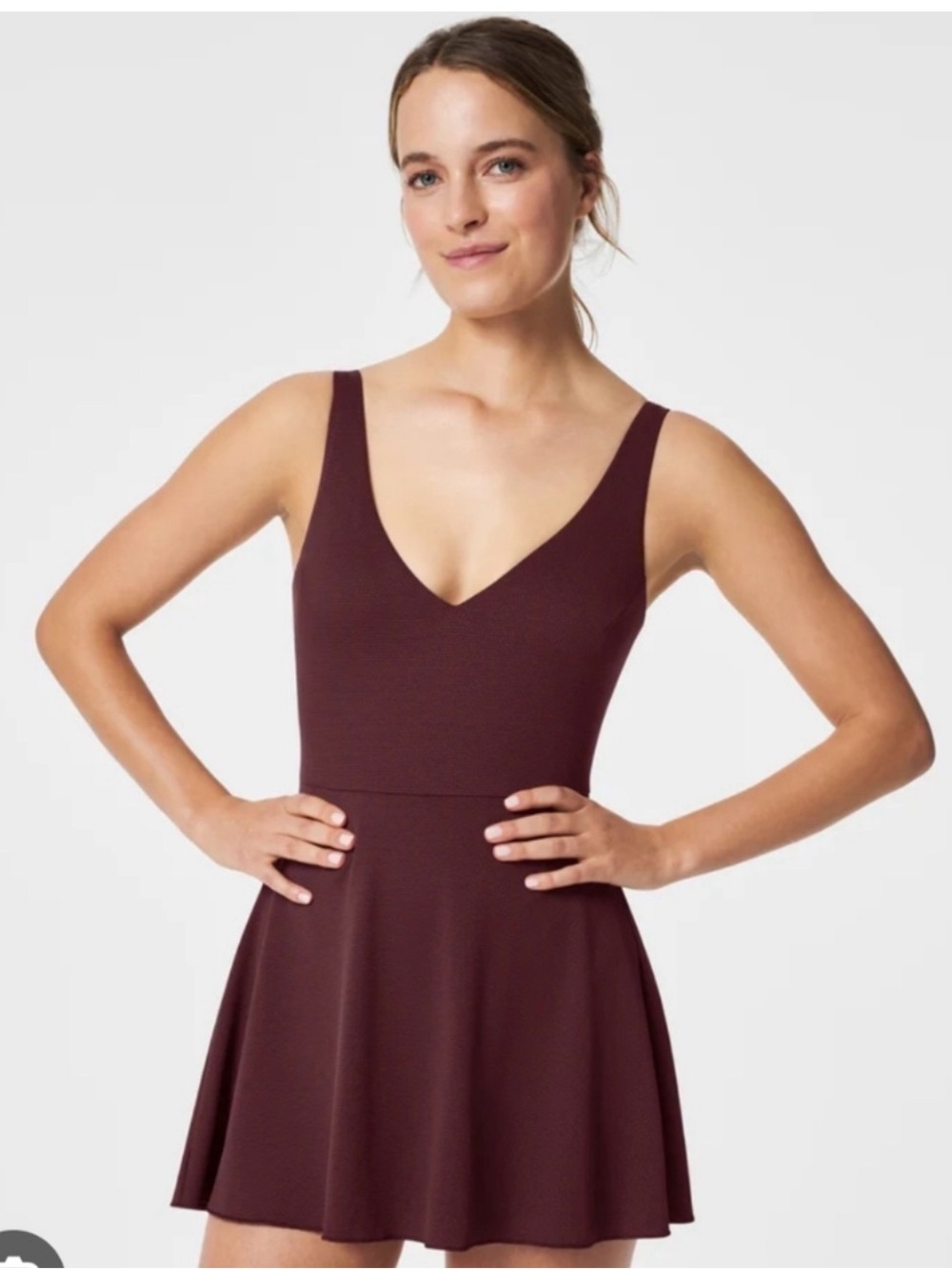 SPANX Pique’ Size L Textured V-Neck Mini Swim Bathing Suit Dress in Burgundy
